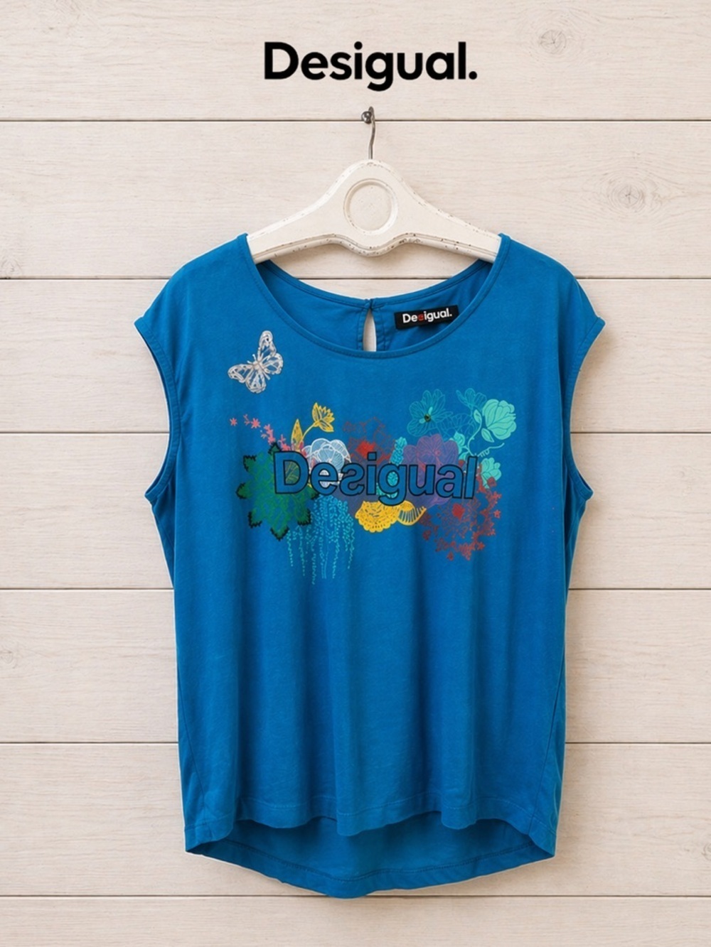 DESIGUAL Turquoise Graphic Logo Top – Butterfly Detail – Size L